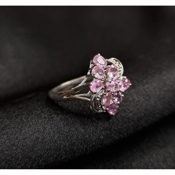 STS Signed 925 Sterling Silver Pink Sapphire Floral Design Ring Size 7.25 - Picture 3 of 5